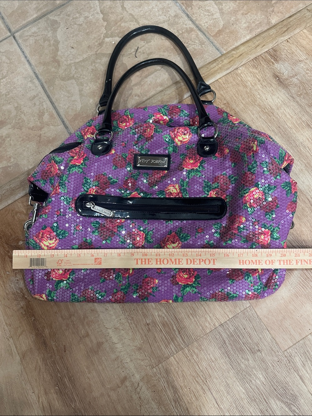 Betsey Johnson Purple Floral Travel Bag with Black Handles - Picture 8 of 9